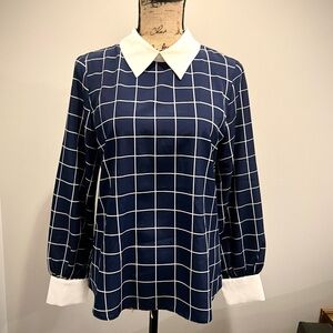 Navy Windowpane Blouse with White Collar